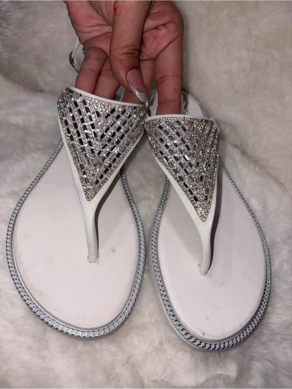 Women's White Jeweled T-Strap Sandals with Sparkle Accent